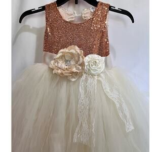 E.Wen Fashion Rose Gold Sequin White Tulle Flower Girls Dress Flower Belt SZ 8